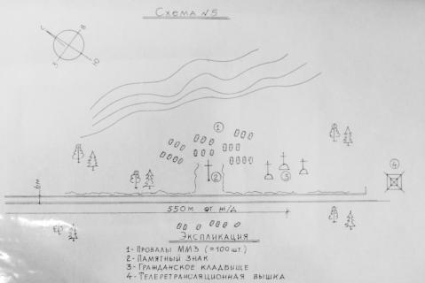 Схема расположения объектов кладбища. 2009. Источник: Архив Фонда «Покаяние» (Сыктывкар) сотрудниками предоставлены Интинского краеведческого музеям