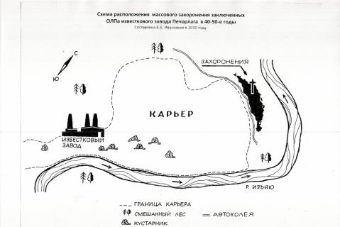 Схема расположения захоронения. Составлена в 2010. Источник: Архив Печорского историко-краеведческого музея